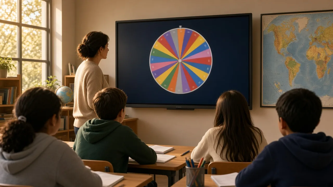 Students watching a country wheel on a classroom screen next to a world map