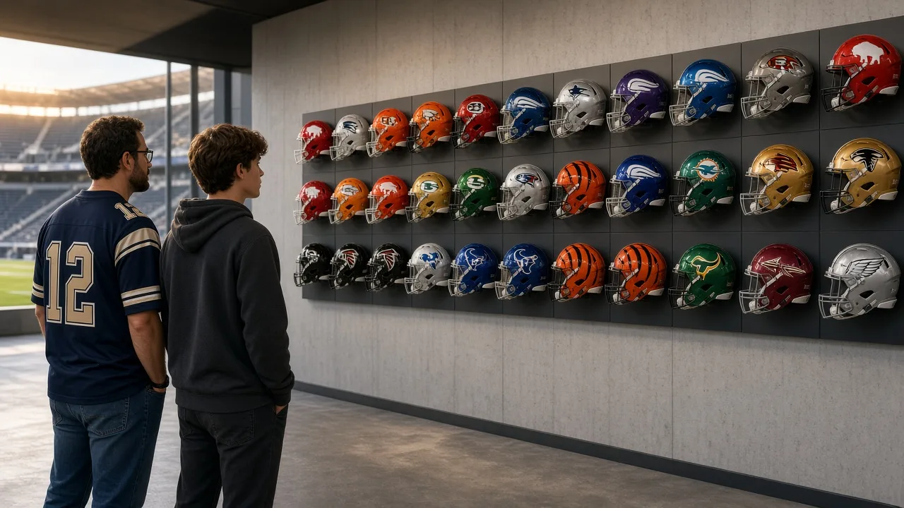 How many NFL teams are there: a fan and a teenager looking at two rows of football helmets in a stadium concourse