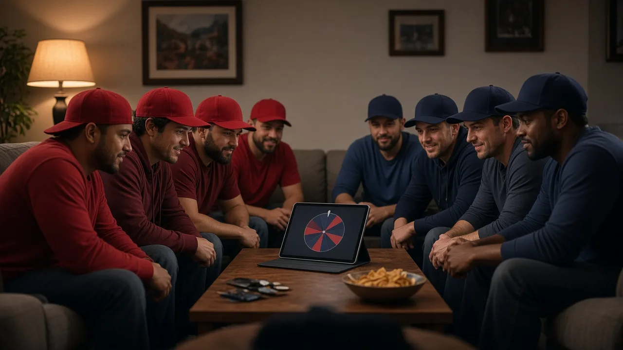 Two groups of friends at a baseball watch party looking at a spinner on a tablet