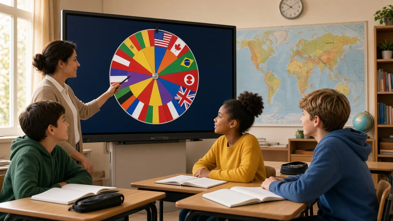 Teacher and students watching a country wheel with national flags on a classroom screen