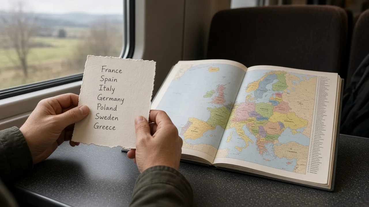 A traveler comparing a short Europe country list with a world atlas on a train table