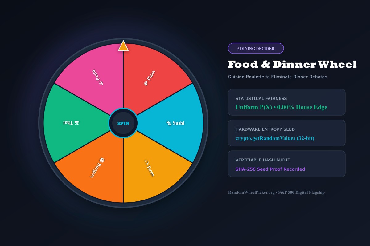 Food Wheel Spinner Interface for Dinner Choices, Takeout Decider, and Cuisine Roulette