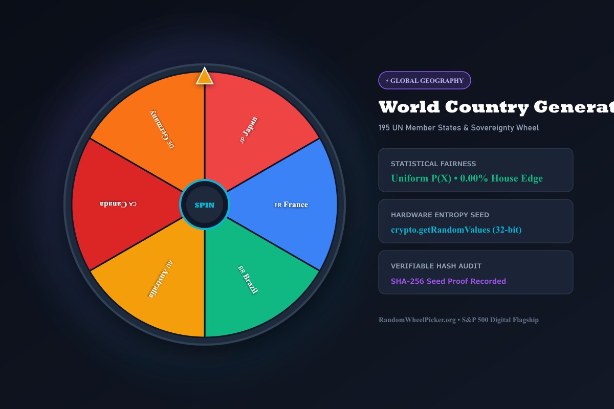 Random Country Generator Wheel Interface with World Geography and Continent Flags